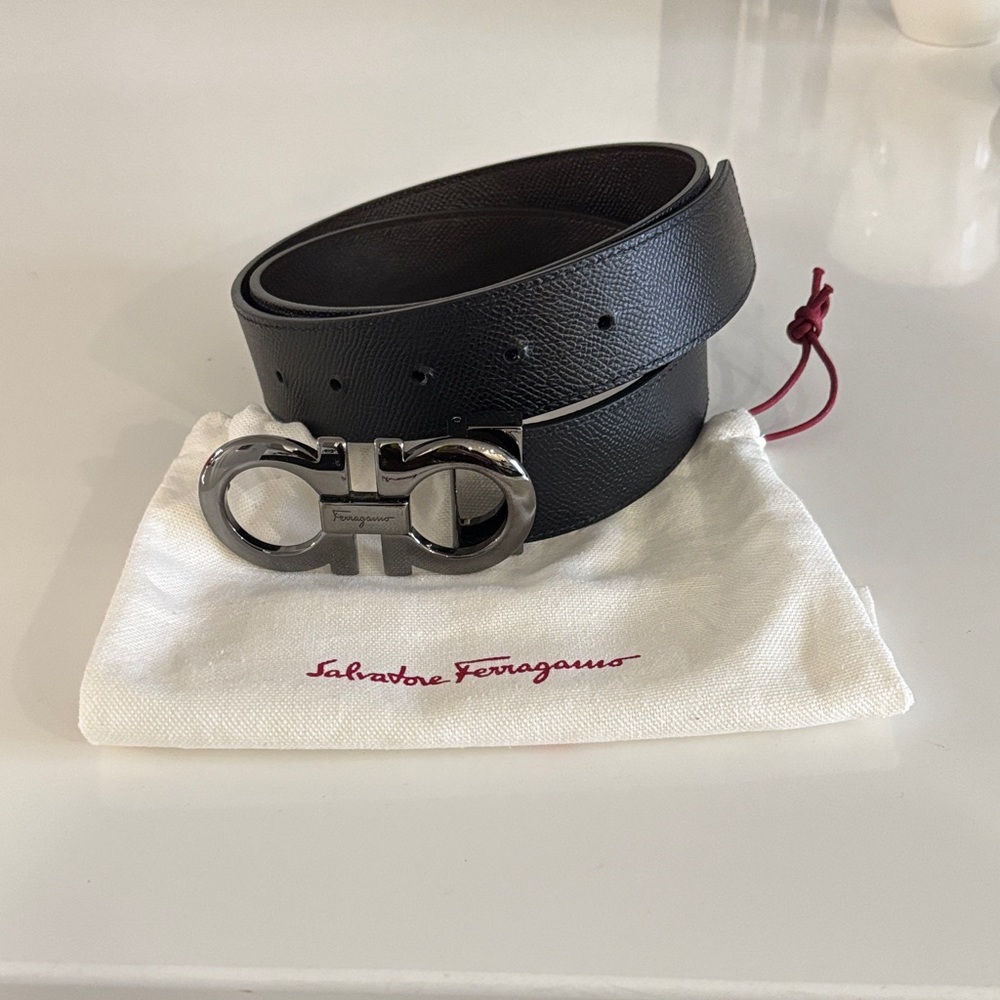 Salvatore Ferragamo Black Leather Belt with Silver Buckle